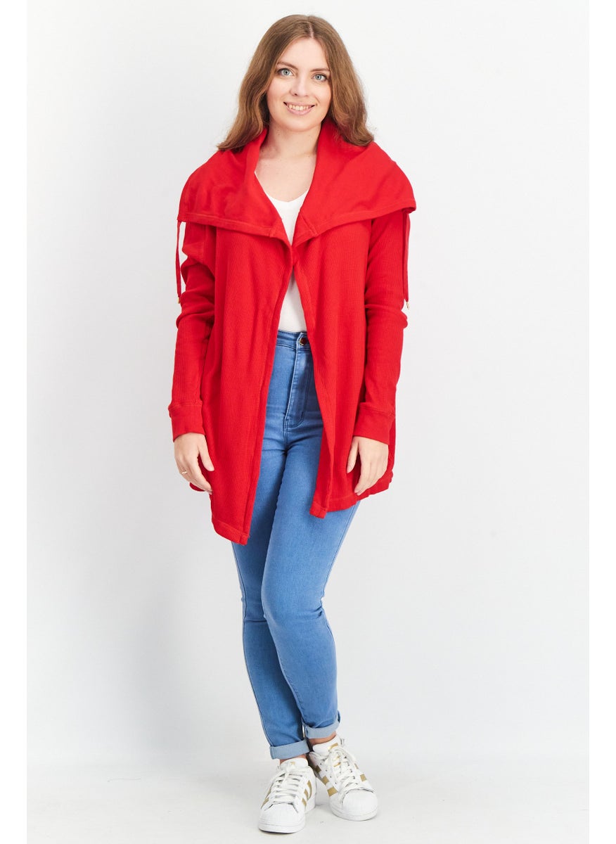 Women Tie Neck Textured Cardigan, Red