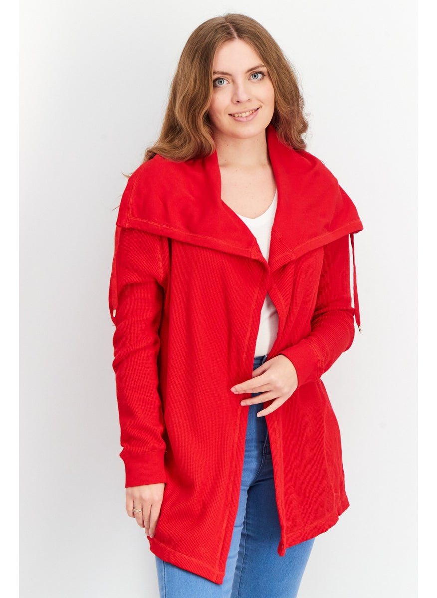 Women Tie Neck Textured Cardigan, Red
