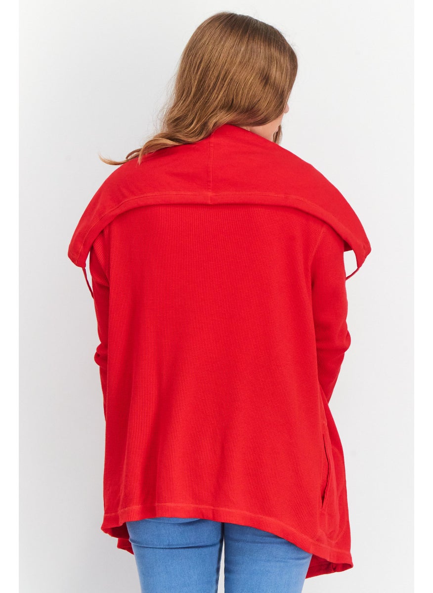 Women Tie Neck Textured Cardigan, Red