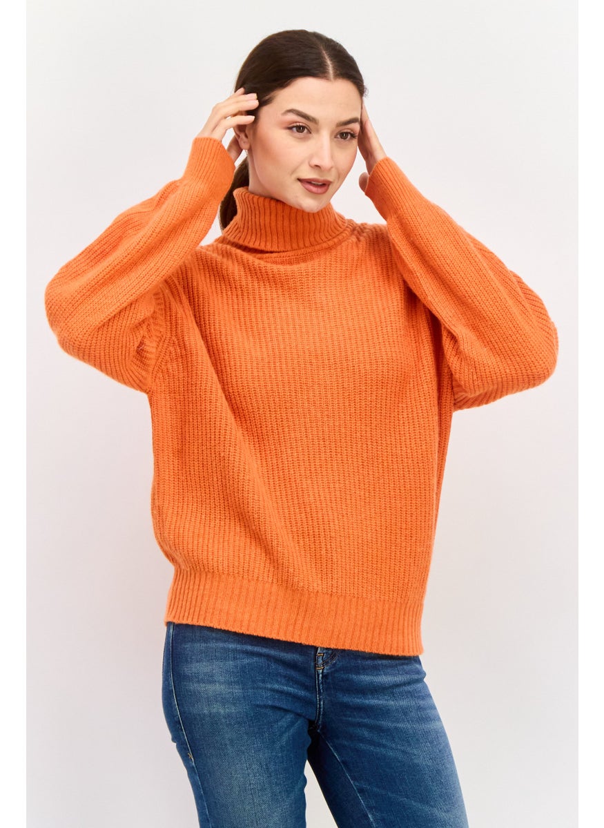 Women Turtle Neck Long Sleeve Knitted Sweater, Orange