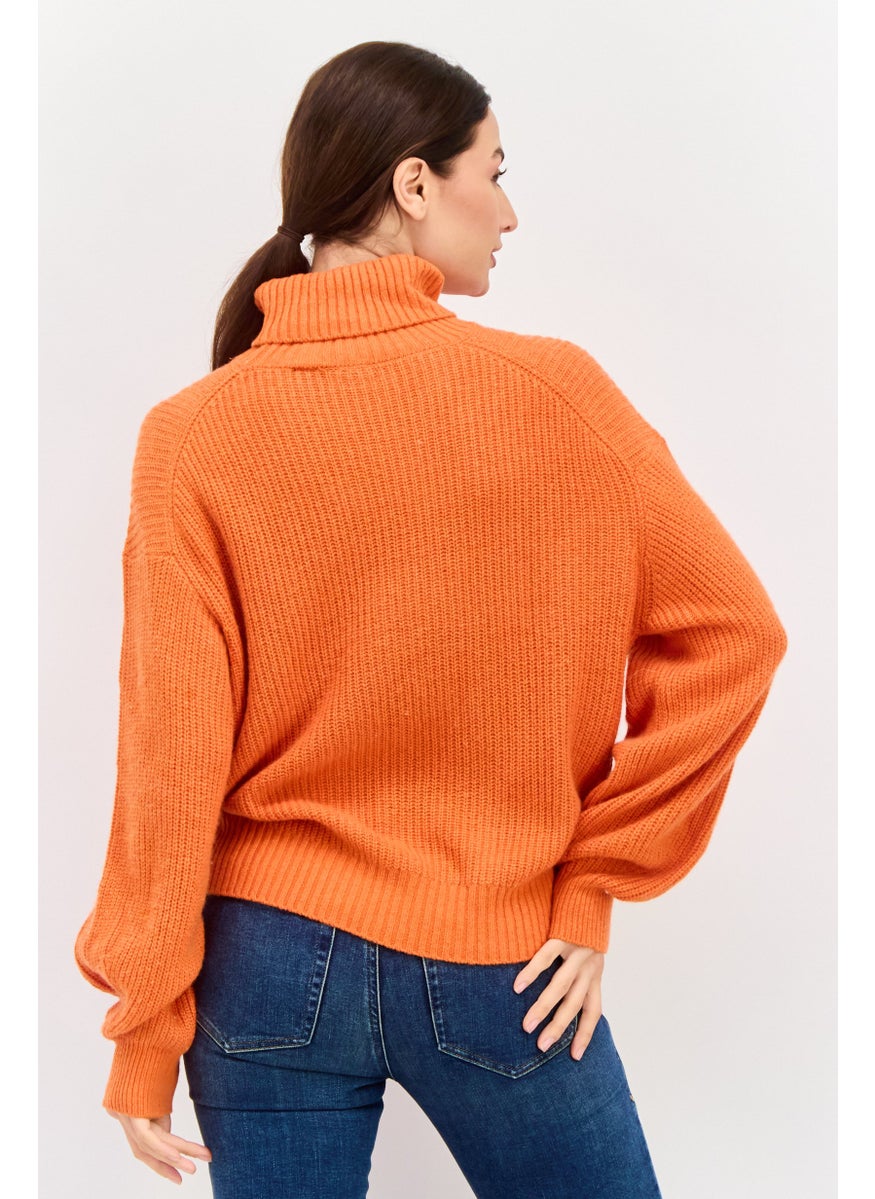 Women Turtle Neck Long Sleeve Knitted Sweater, Orange