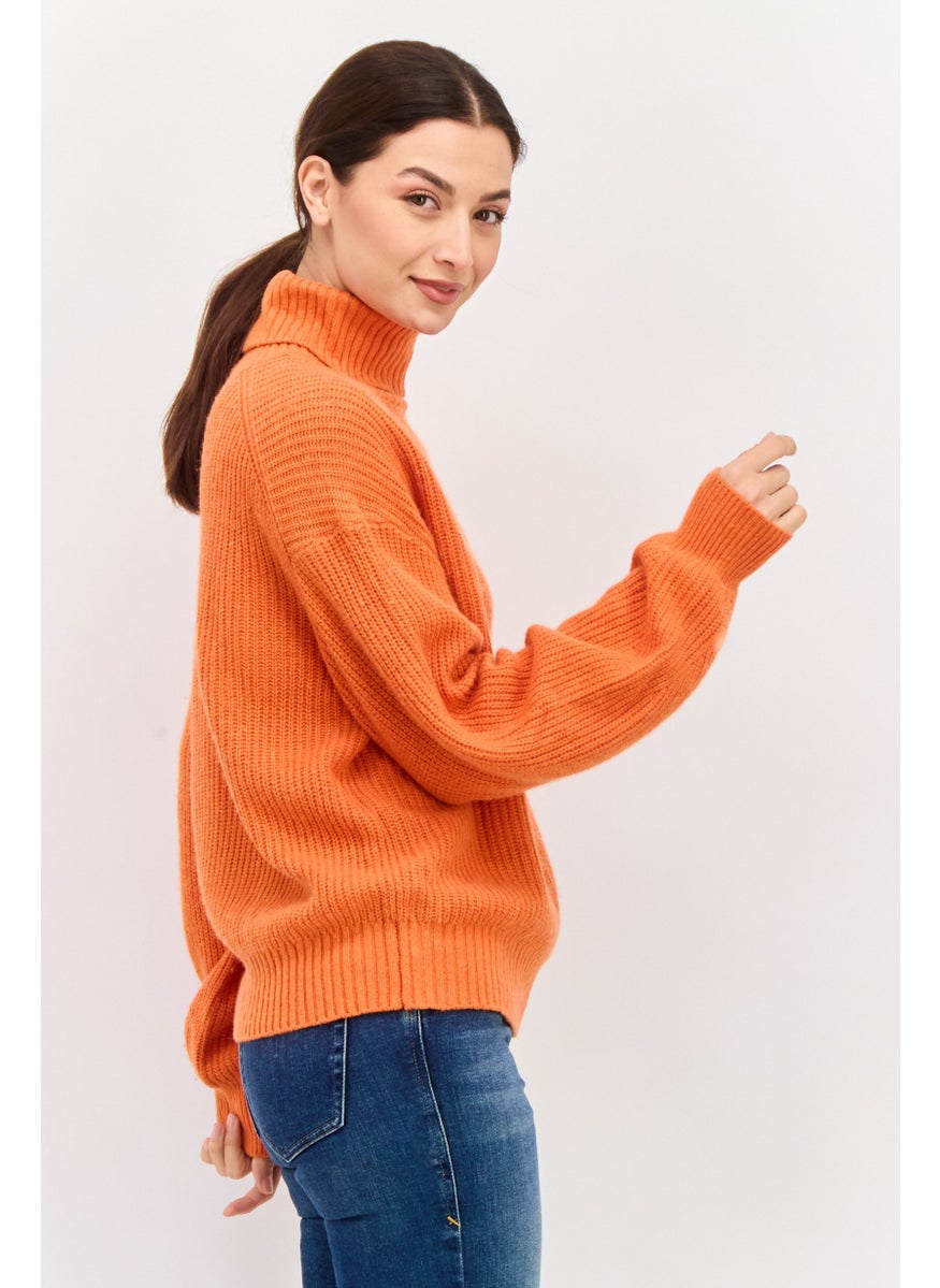 Women Turtle Neck Long Sleeve Knitted Sweater, Orange