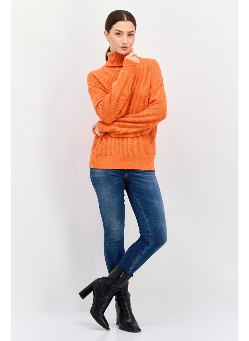 Women Turtle Neck Long Sleeve Knitted Sweater, Orange