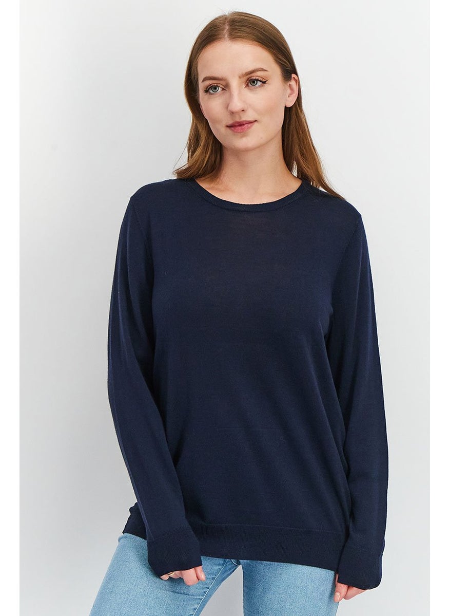 Women Regular Fit Pullover Knitted Sweater, Navy