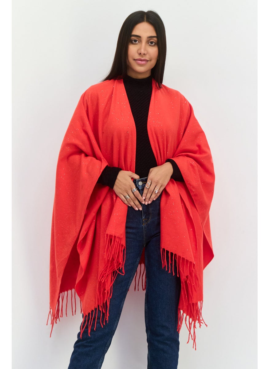 Women Metallic Ruana Poncho, Red