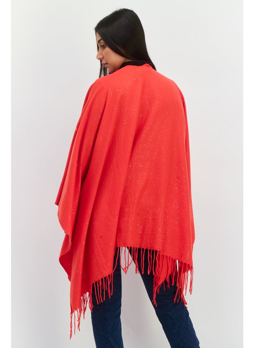 Women Metallic Ruana Poncho, Red