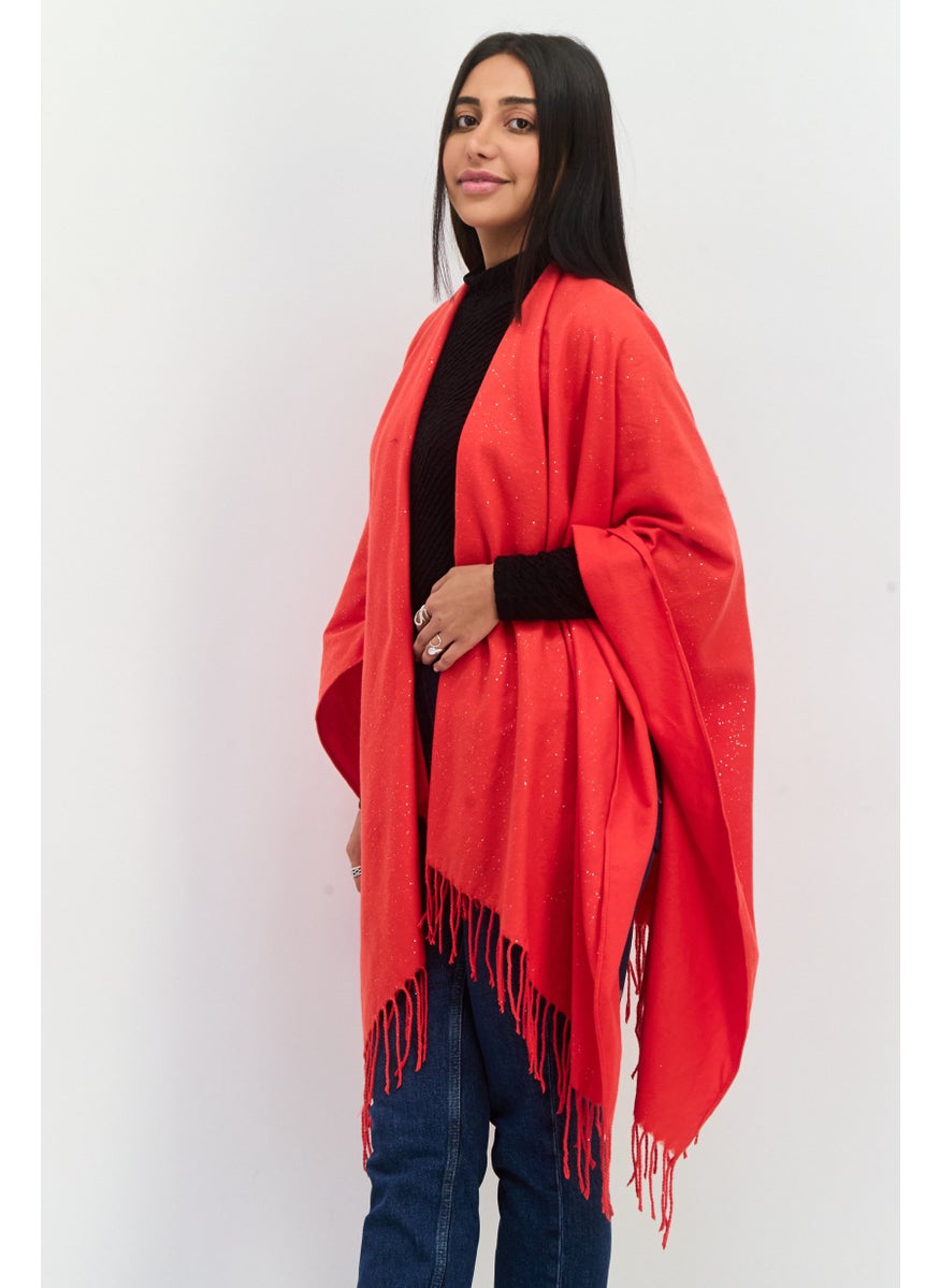 Women Metallic Ruana Poncho, Red