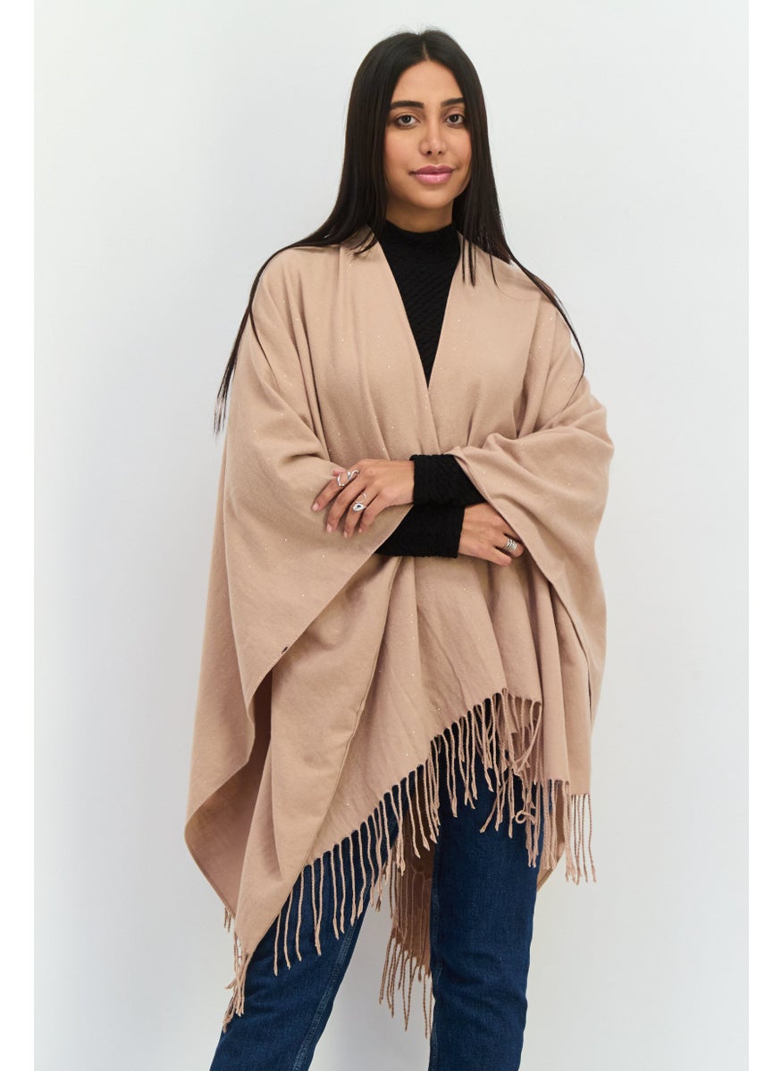 Women Metallic Ruana Poncho, Tan