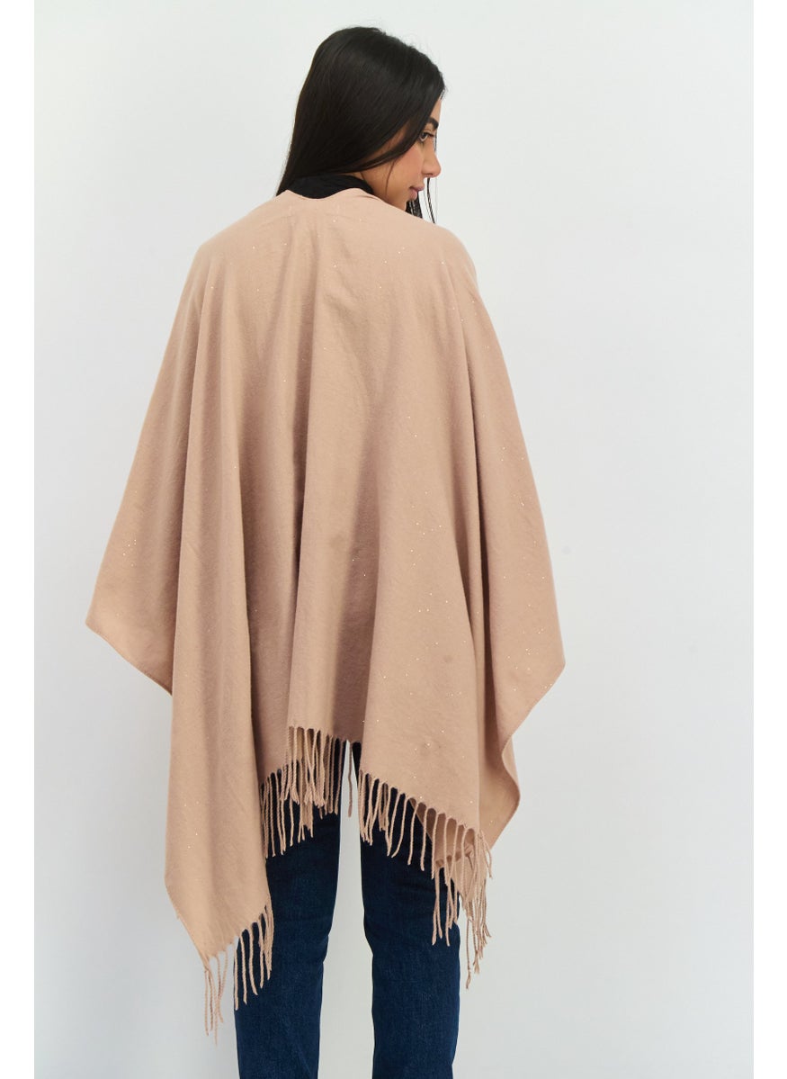 Women Metallic Ruana Poncho, Tan