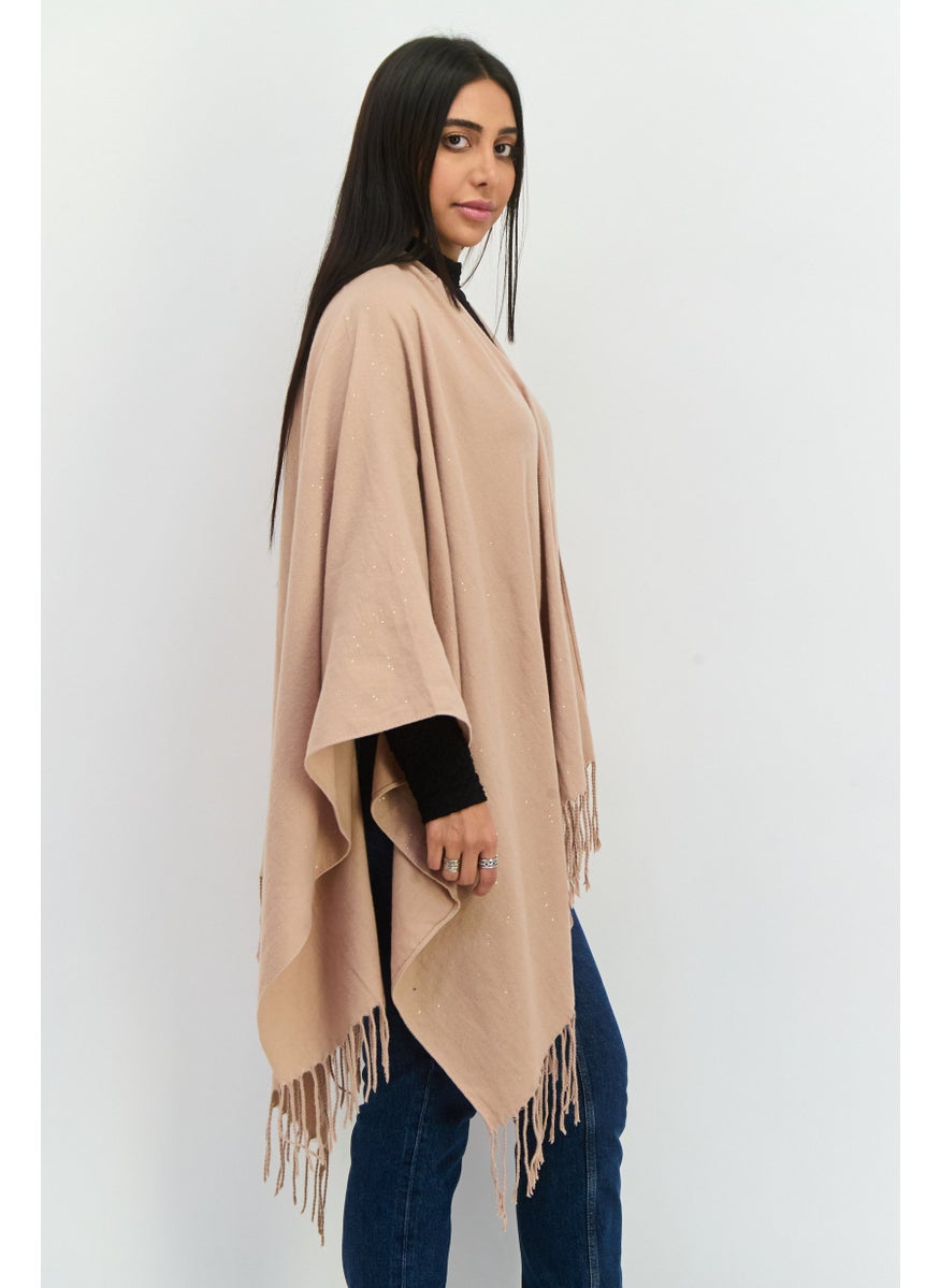 Women Metallic Ruana Poncho, Tan