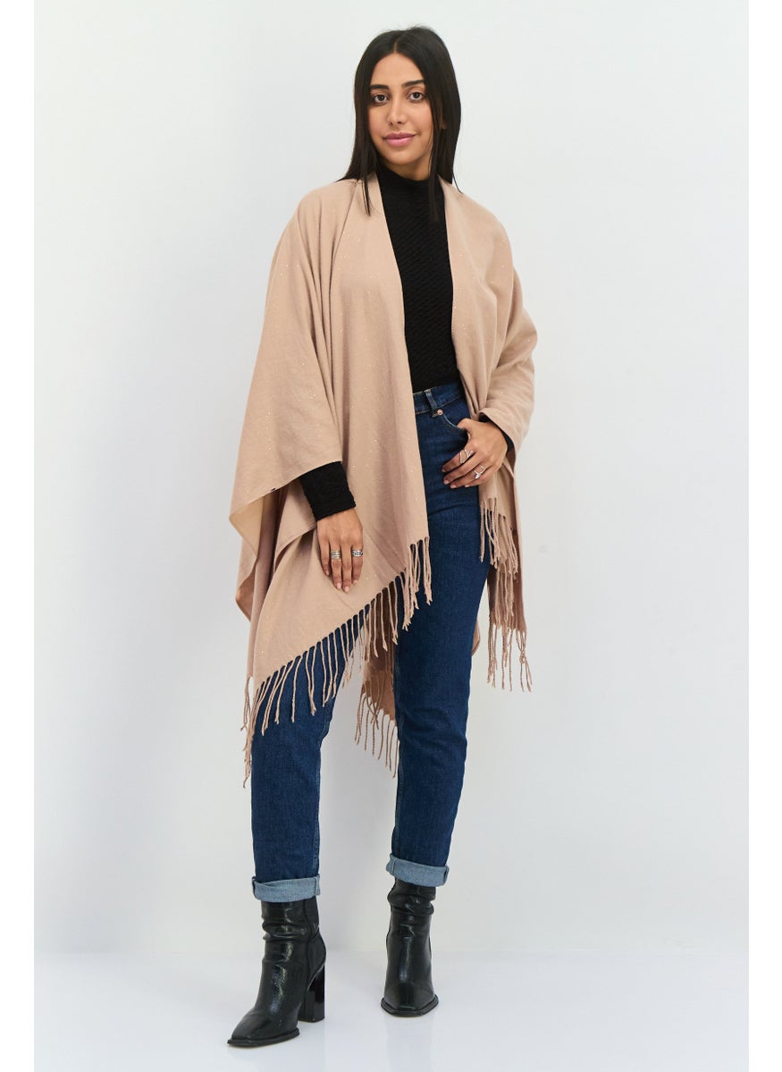 Women Metallic Ruana Poncho, Tan
