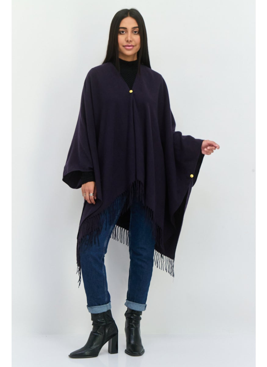 Women Plain Ruana Shawl Poncho, Dark Purple