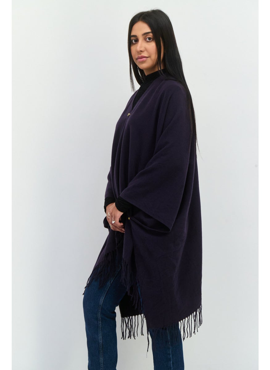 Women Plain Ruana Shawl Poncho, Dark Purple