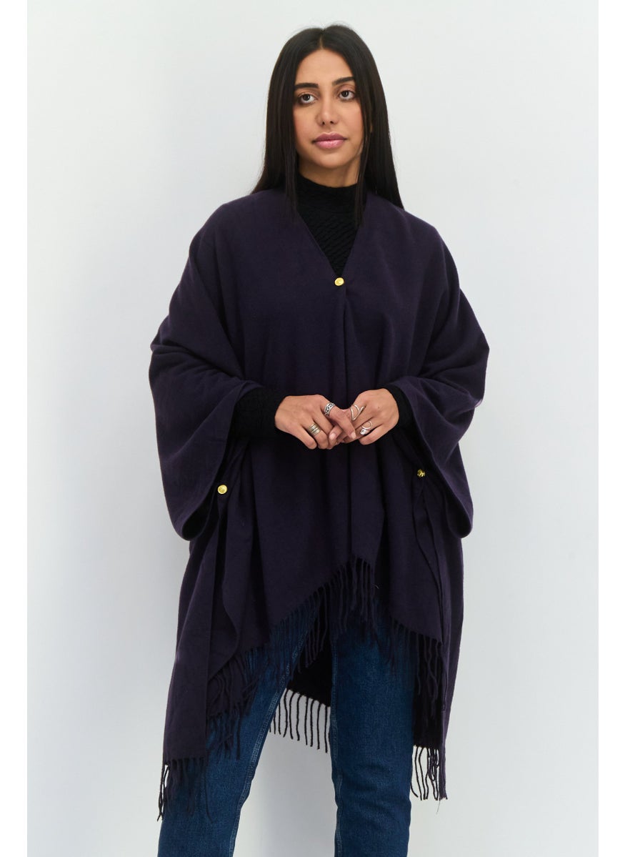 Women Plain Ruana Shawl Poncho, Dark Purple