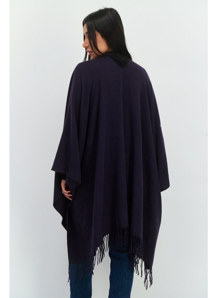 Women Plain Ruana Shawl Poncho, Dark Purple
