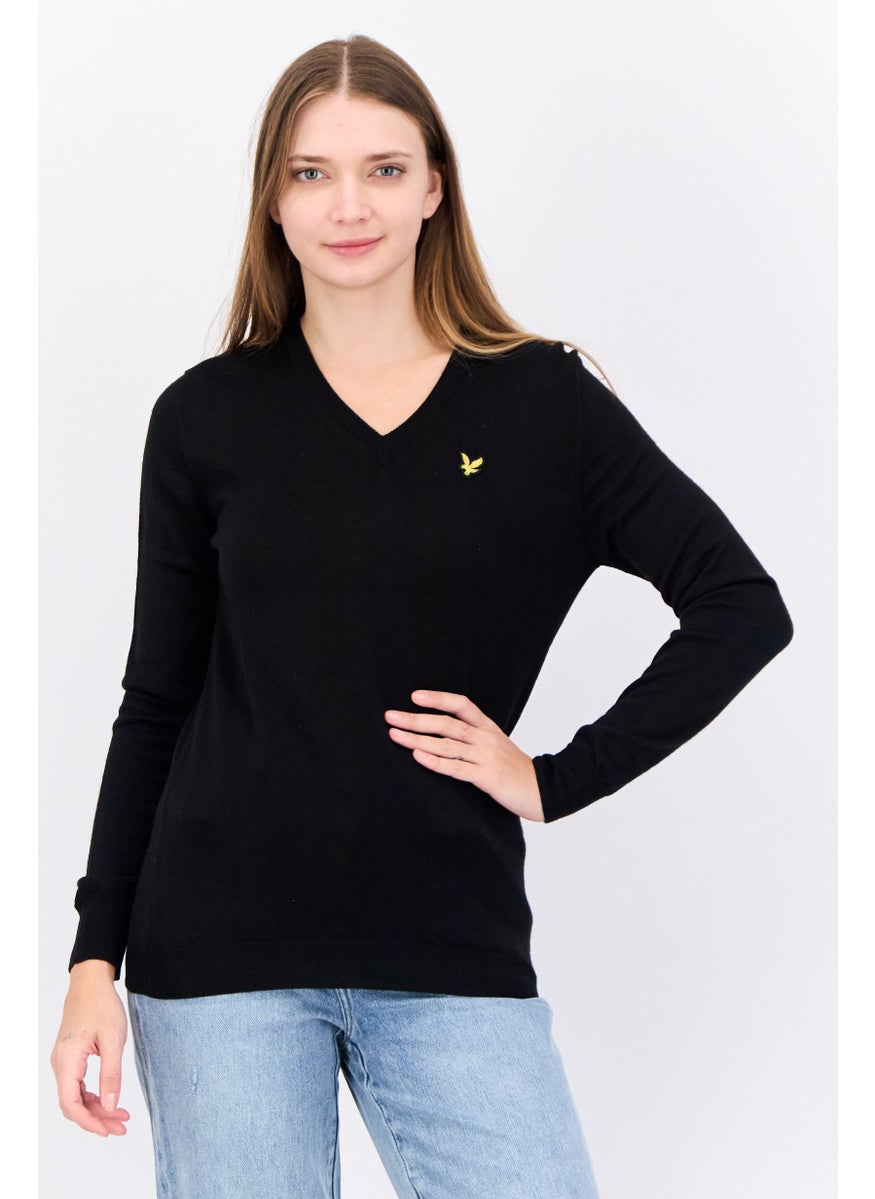Women V-Neck Embroidered Logo Sweaters, Black