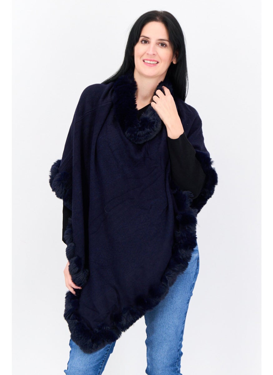 Women Faux Fur Plain Poncho, Navy