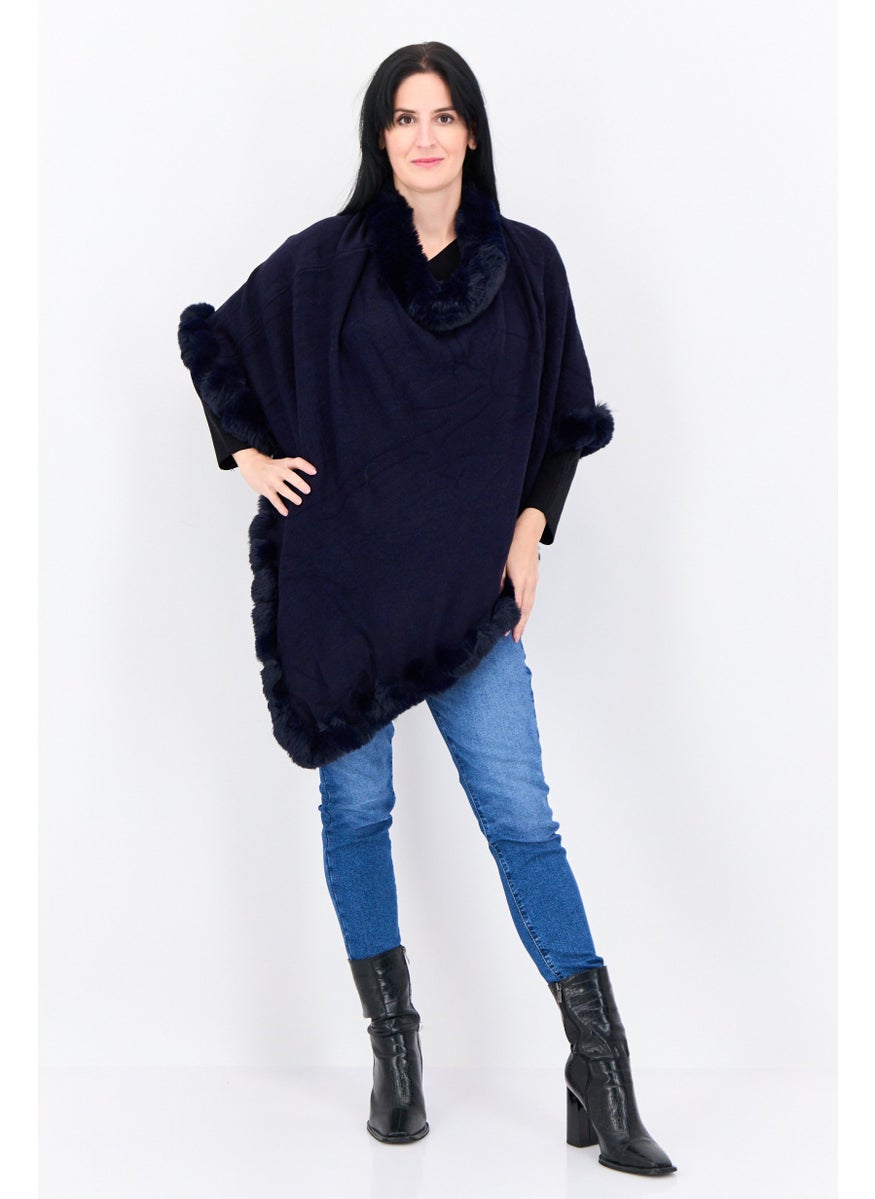 Women Faux Fur Plain Poncho, Navy