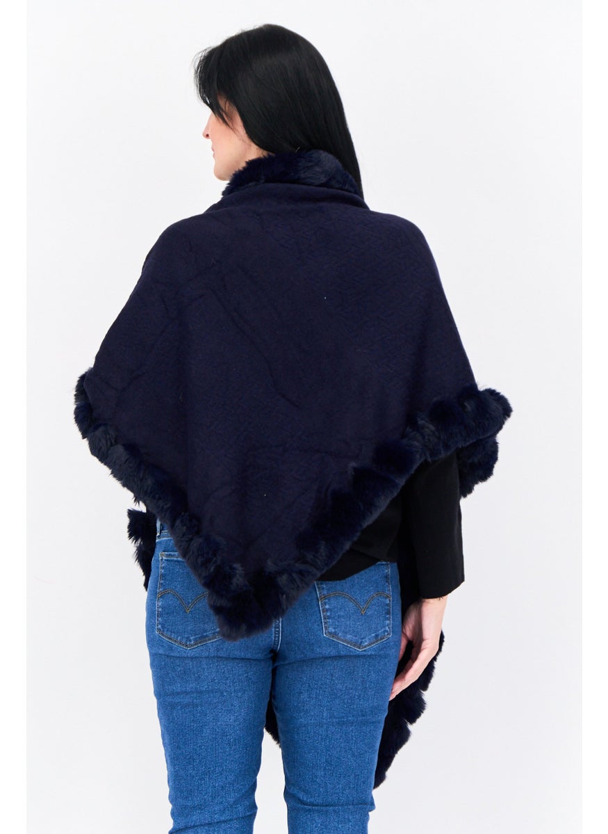Women Faux Fur Plain Poncho, Navy