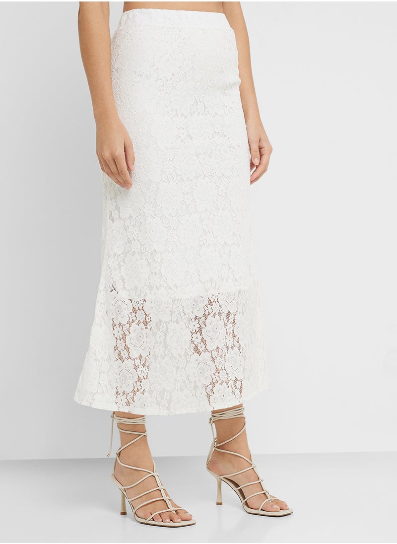 Off Shoulder Lace Detail Crop Top & Midi Skirt Coord Set