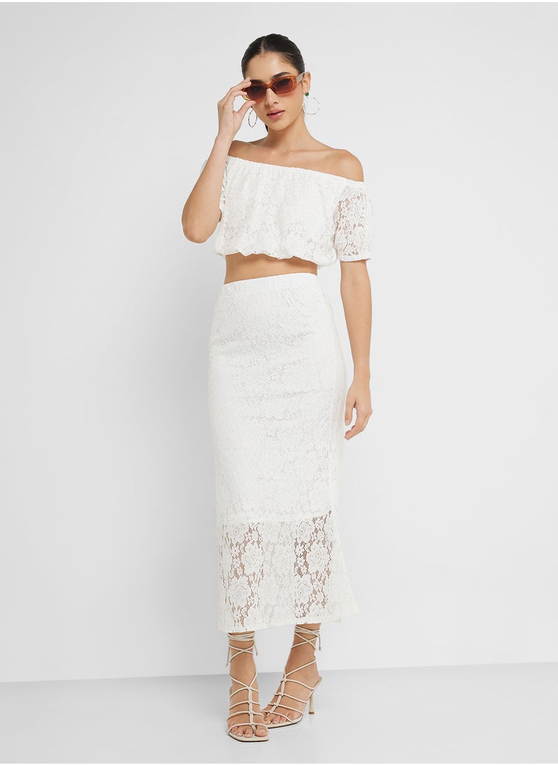 Off Shoulder Lace Detail Crop Top & Midi Skirt Coord Set