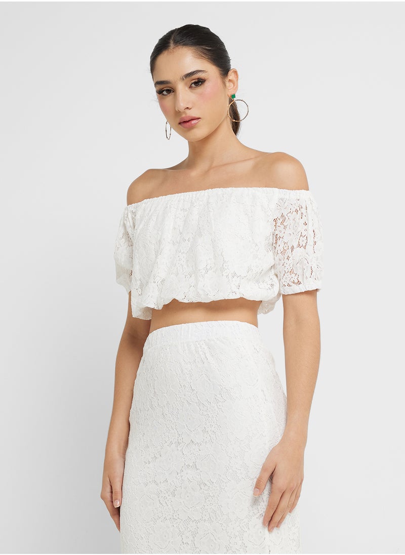 Off Shoulder Lace Detail Crop Top & Midi Skirt Coord Set