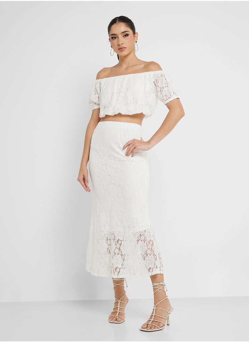 Off Shoulder Lace Detail Crop Top & Midi Skirt Coord Set