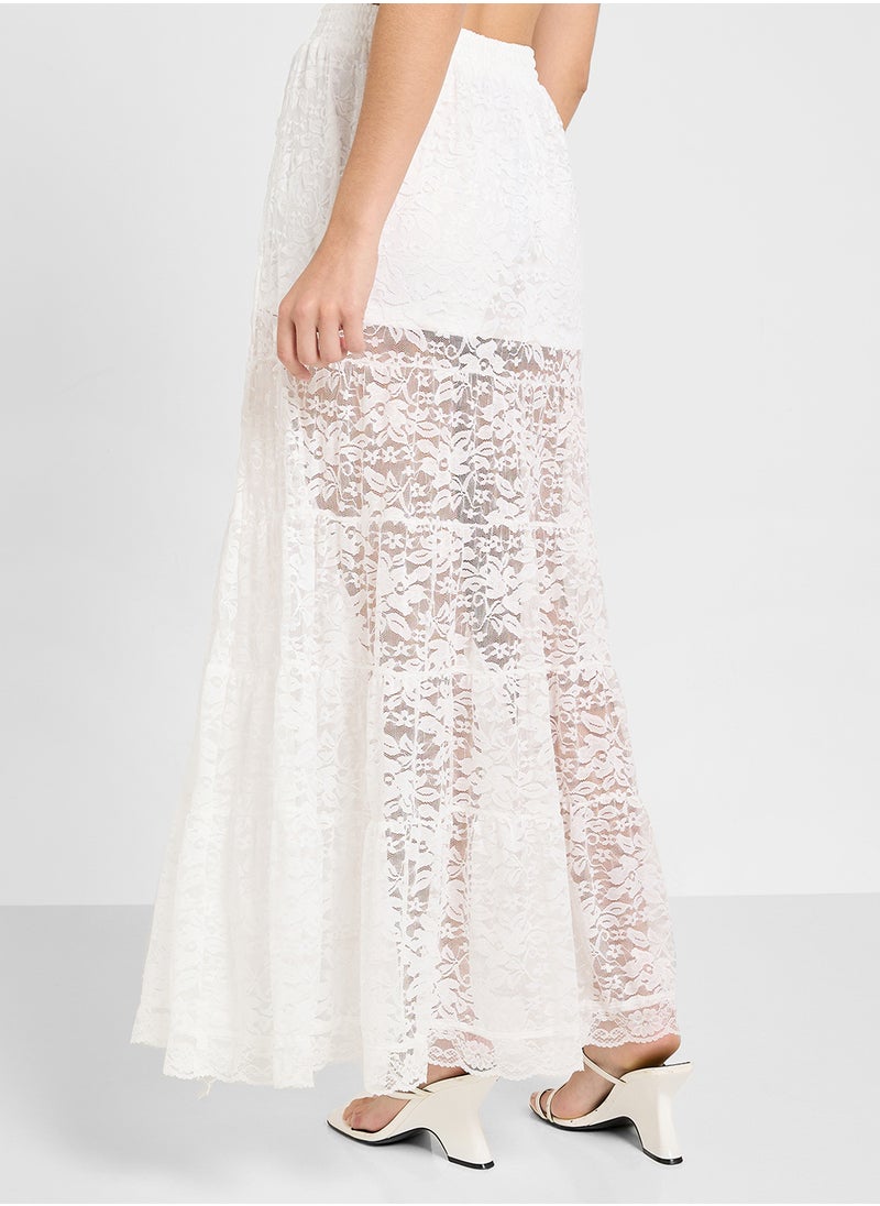 Sheer Dobby Lace Mix Panel Tiered Maxi Skirt