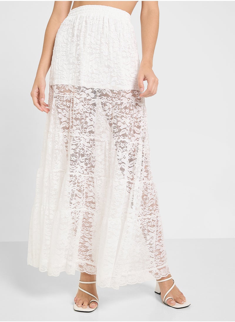 Sheer Dobby Lace Mix Panel Tiered Maxi Skirt