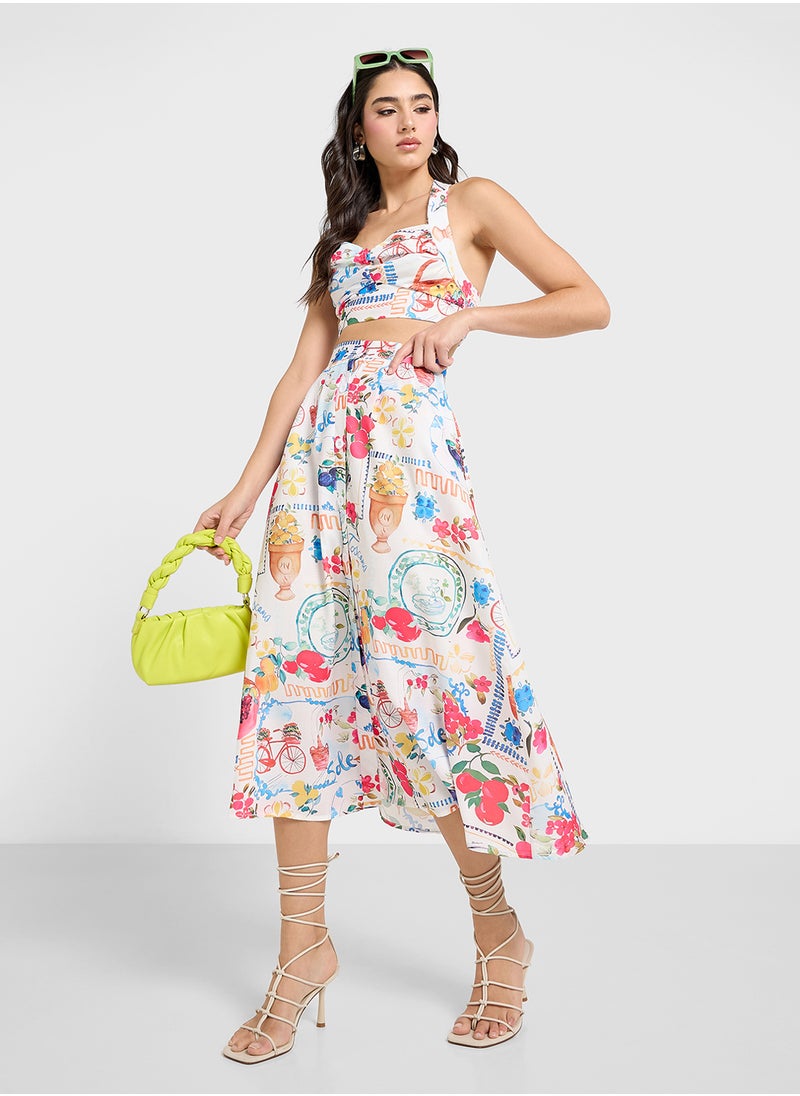 Bustier Crop Top & Maxi Skirt Co-Ord Set In Tropical Print