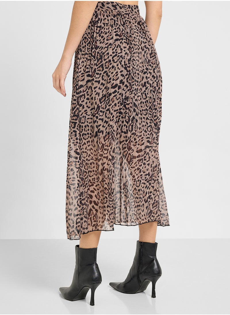 Leopard Print Pleated Maxi Skirt