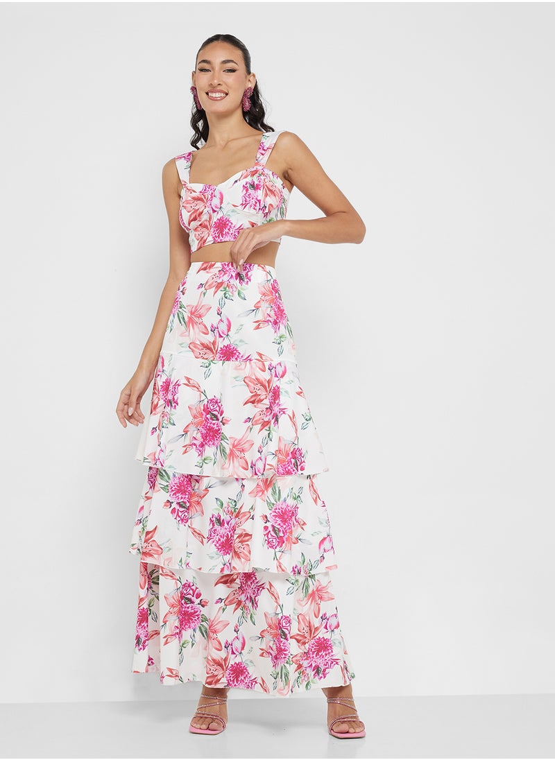 Floral Bustier Crop Top & Tiered Maxi Skirt Co-Ord Set