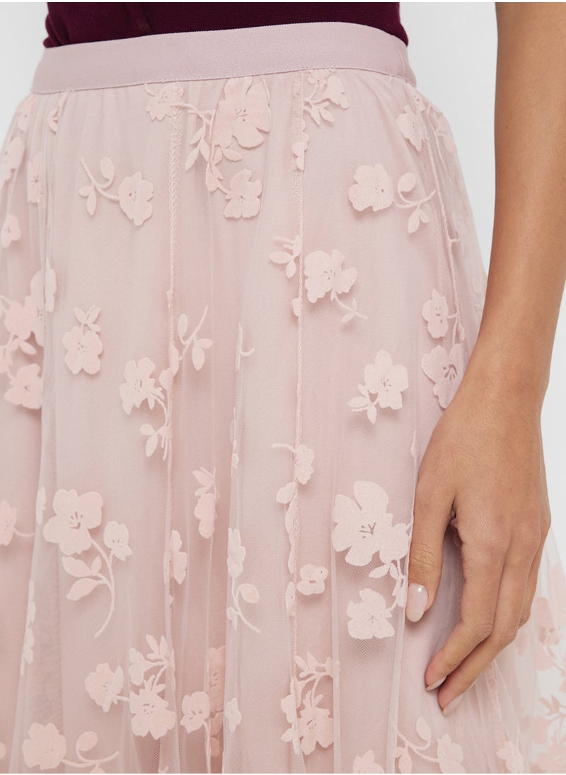 Floral Applique Pleated Tulle Midi Skirt