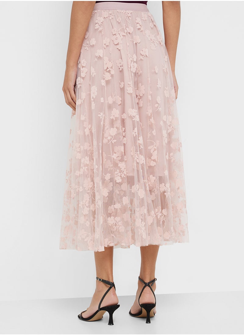 Floral Applique Pleated Tulle Midi Skirt