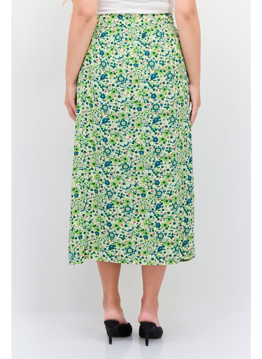 Women Floral Print Midi Wrap Skirt, GreenCombo