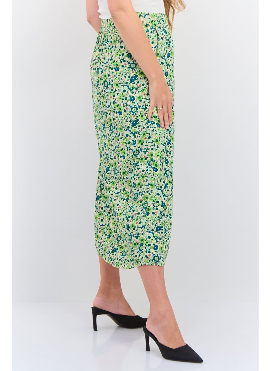 Women Floral Print Midi Wrap Skirt, GreenCombo