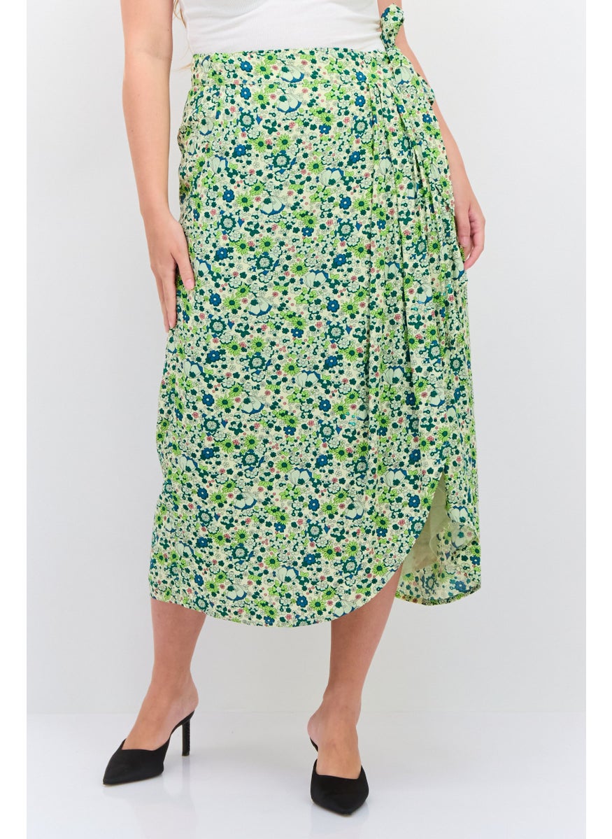 Women Floral Print Midi Wrap Skirt, GreenCombo