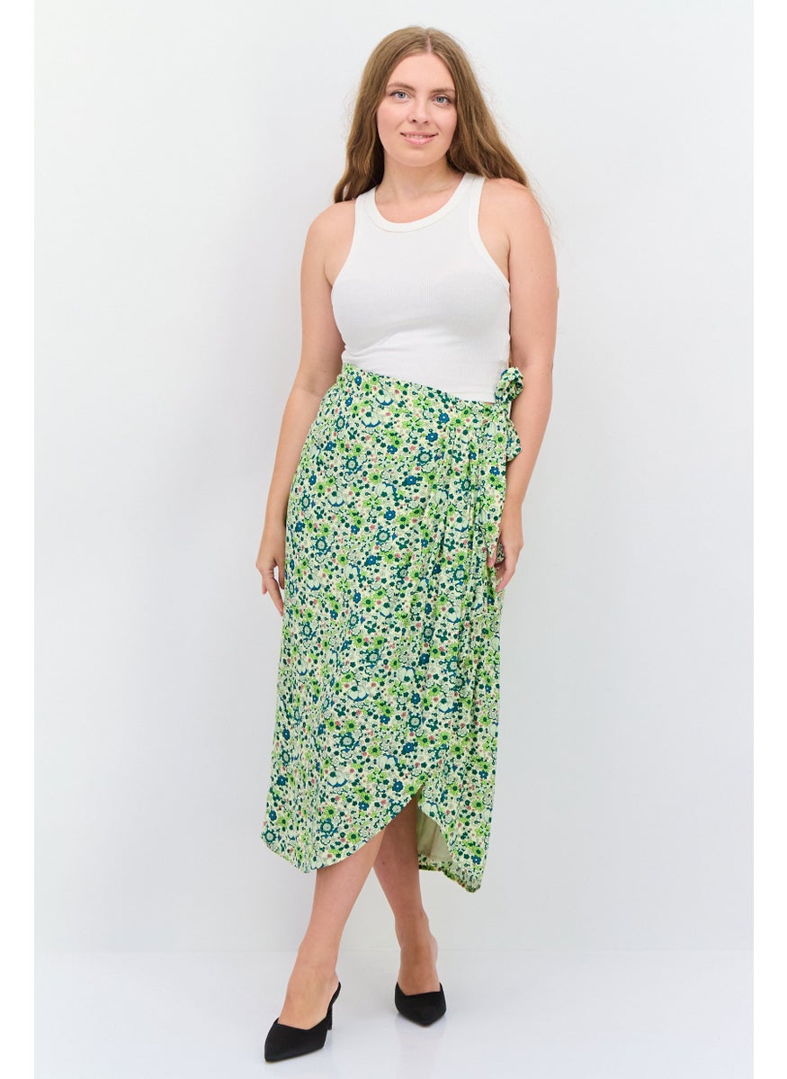 Women Floral Print Midi Wrap Skirt, GreenCombo