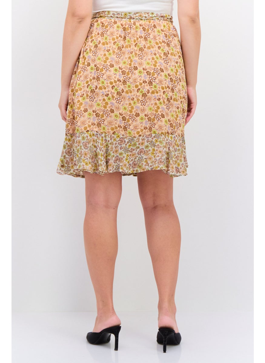 Women Floral Print Mini Wrap Skirt, Peach Combo