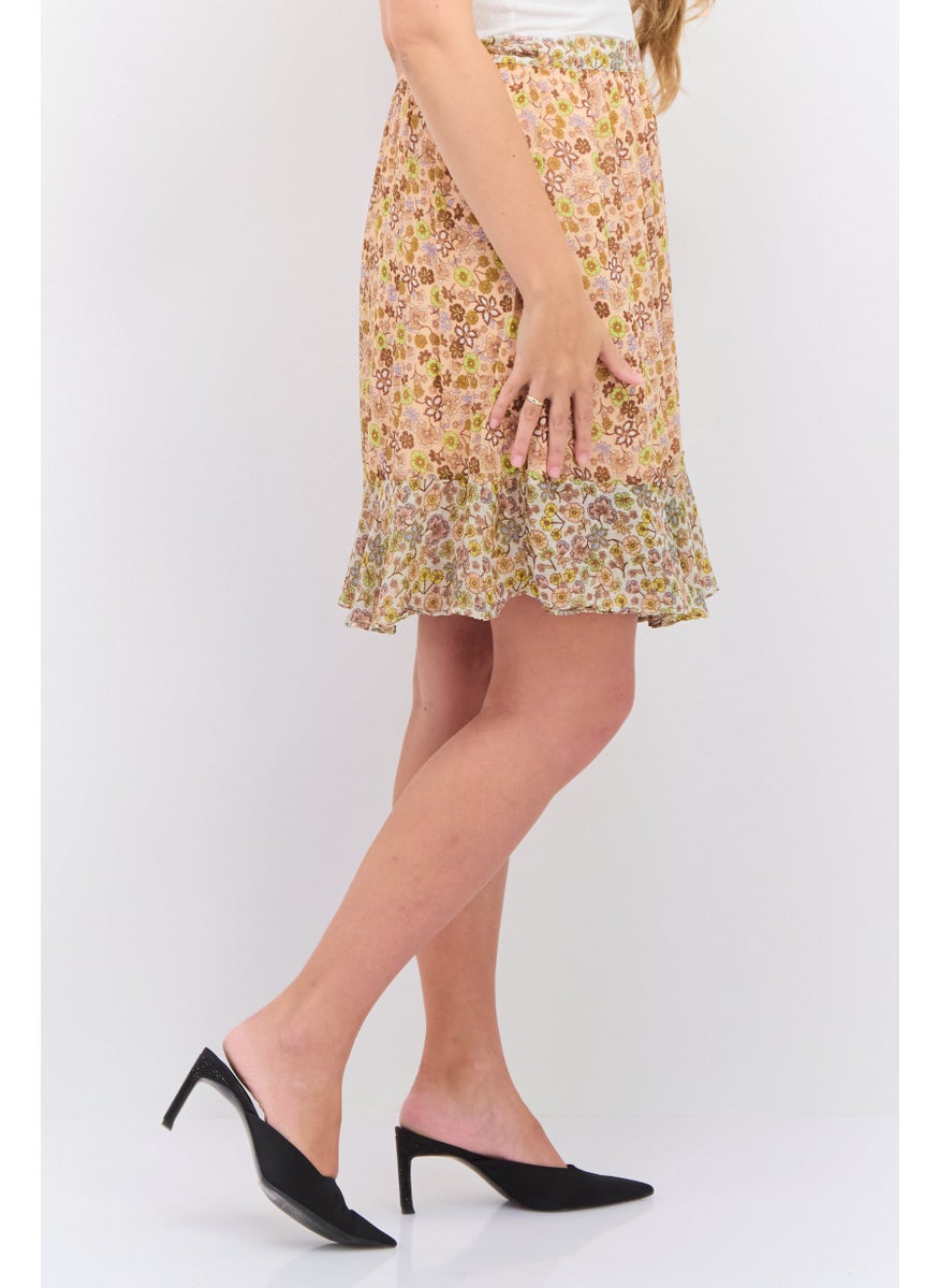 Women Floral Print Mini Wrap Skirt, Peach Combo