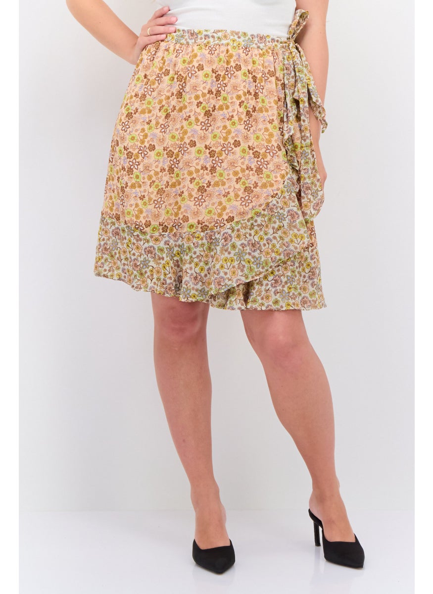 Women Floral Print Mini Wrap Skirt, Peach Combo