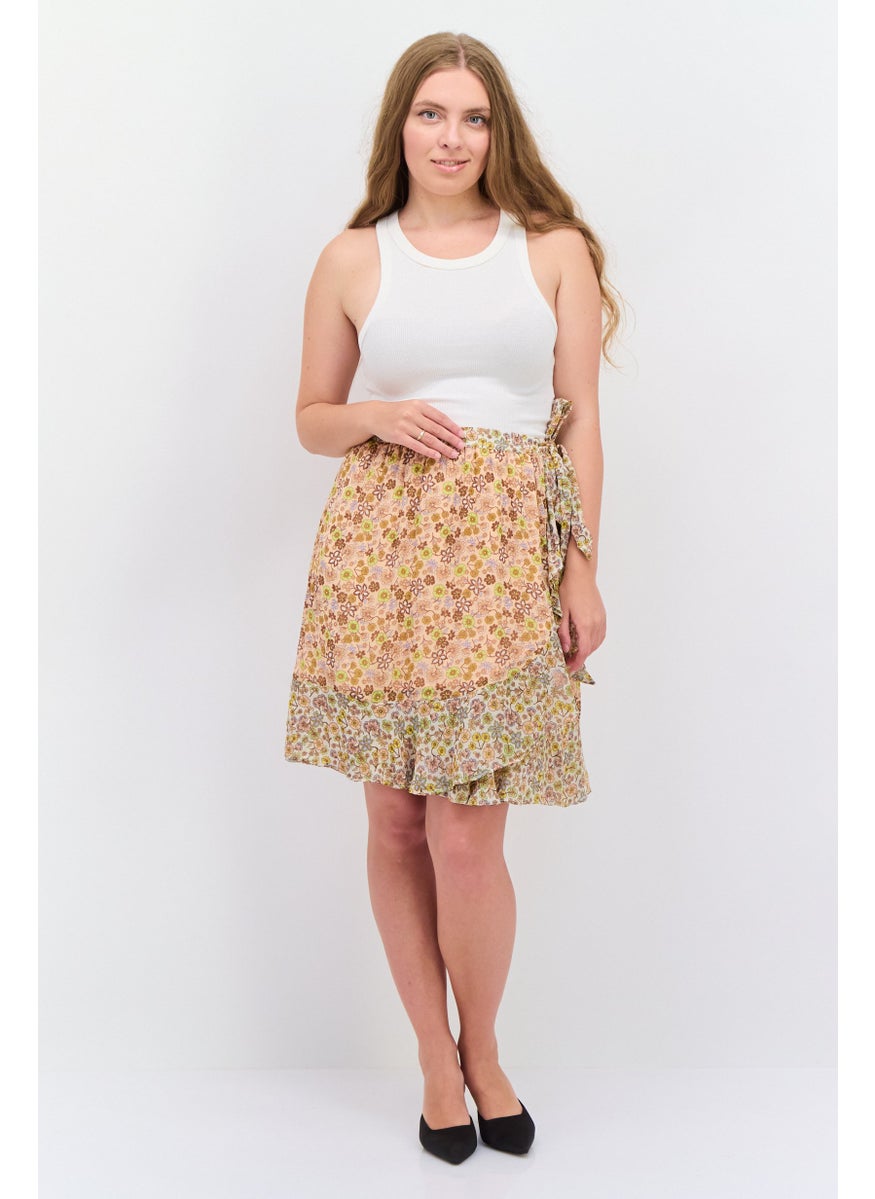 Women Floral Print Mini Wrap Skirt, Peach Combo