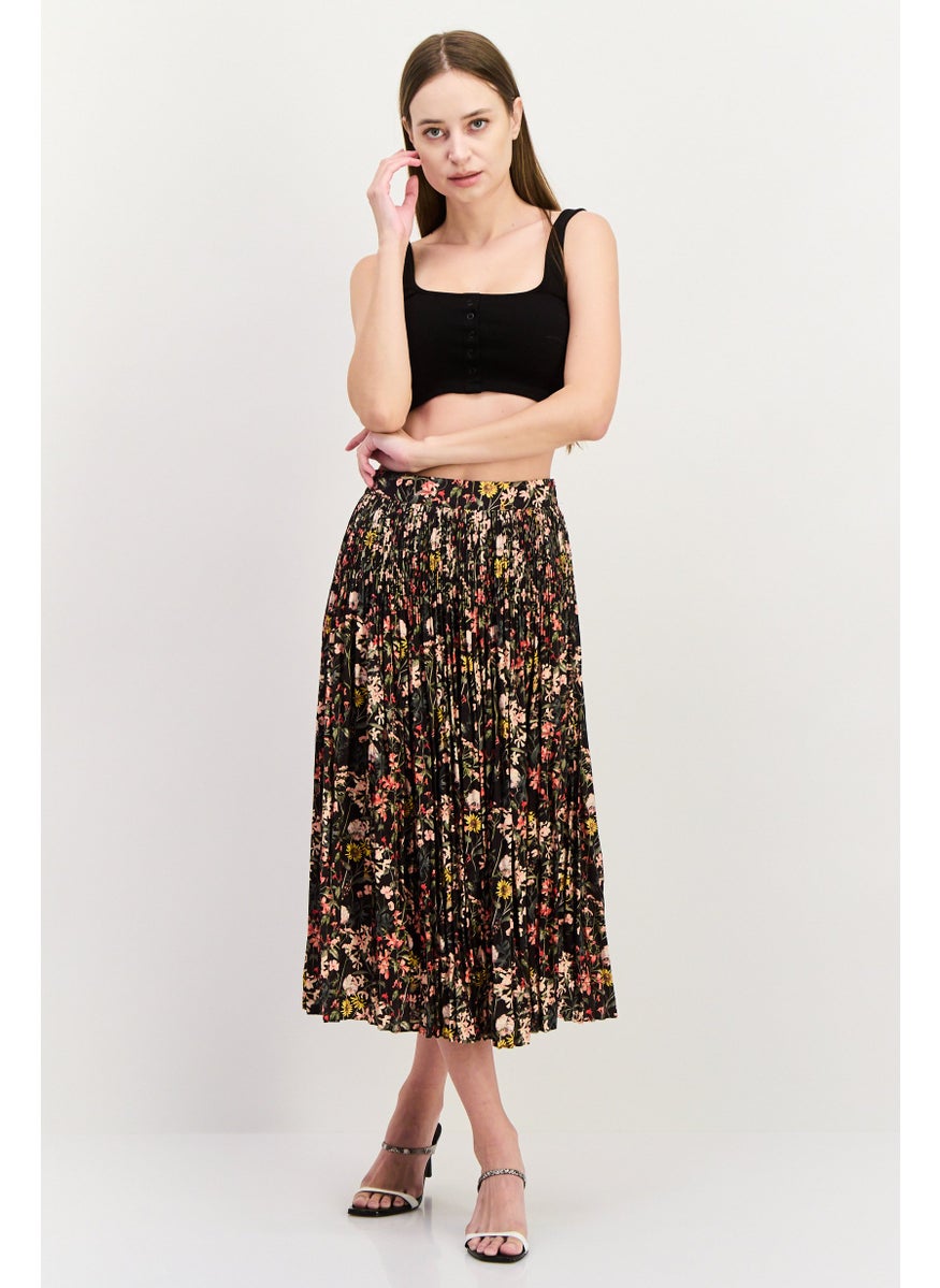 Women Floral Printed Basic Midi Skirt, Black Combo