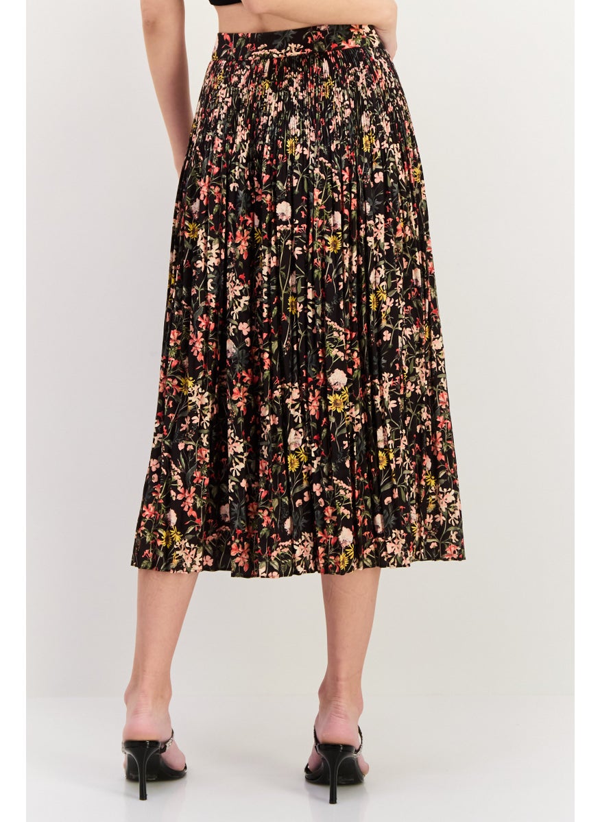 Women Floral Printed Basic Midi Skirt, Black Combo