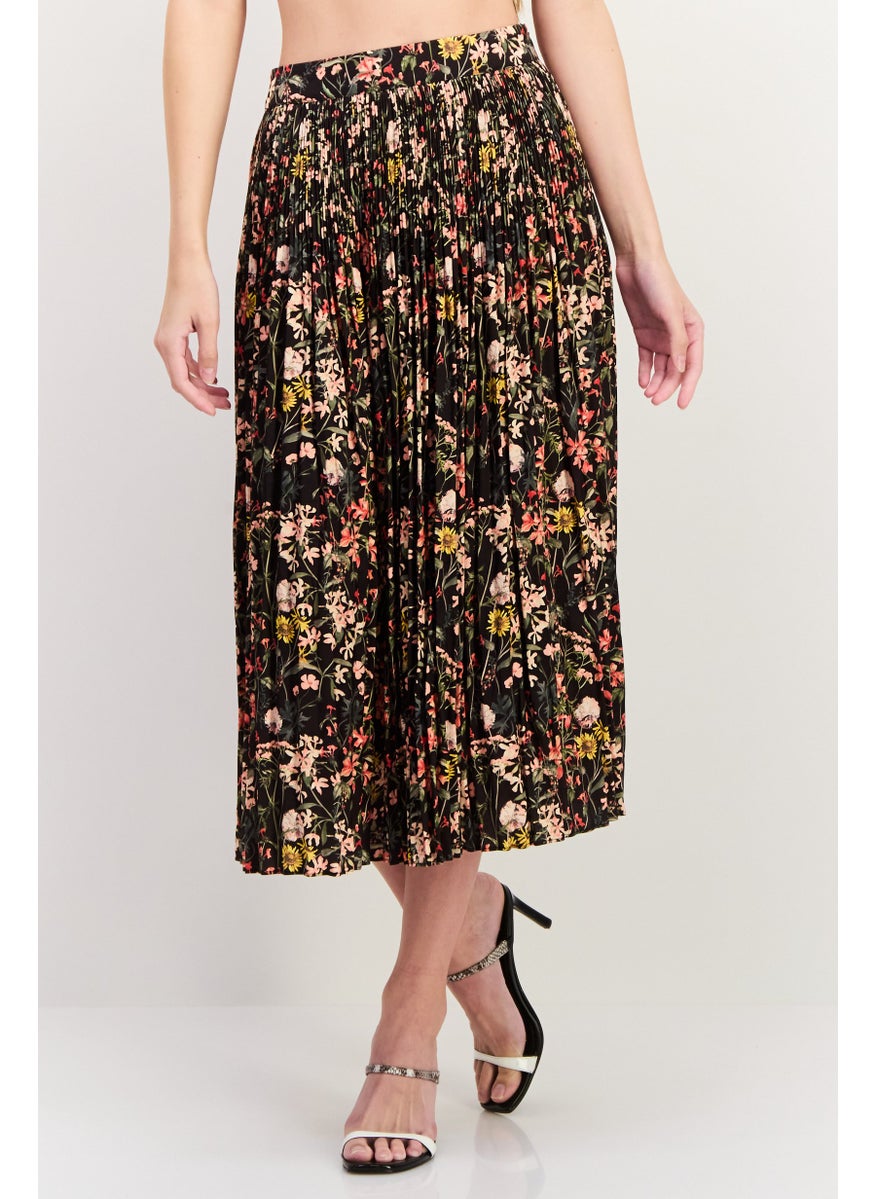 Women Floral Printed Basic Midi Skirt, Black Combo