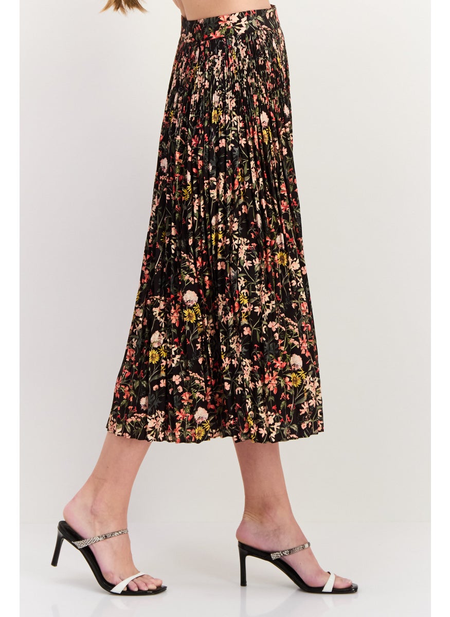 Women Floral Printed Basic Midi Skirt, Black Combo
