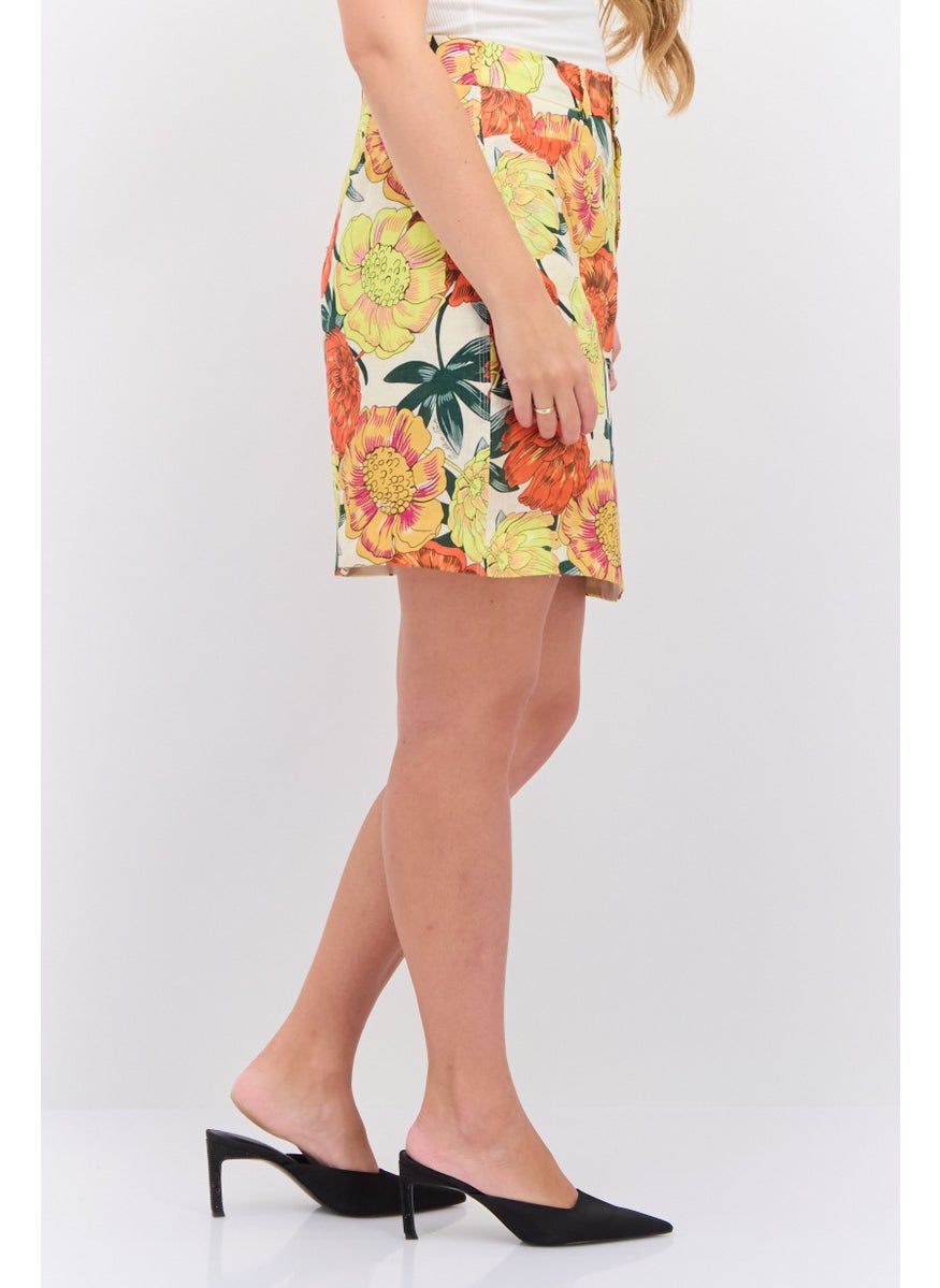 Women Floral Print Mini Skirt, Orange Combo