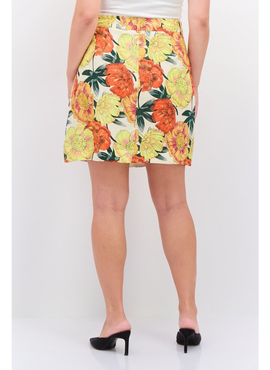 Women Floral Print Mini Skirt, Orange Combo