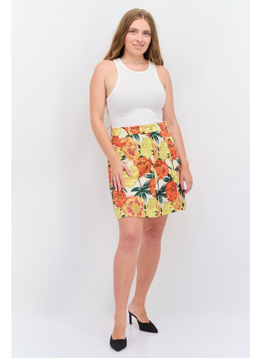 Women Floral Print Mini Skirt, Orange Combo