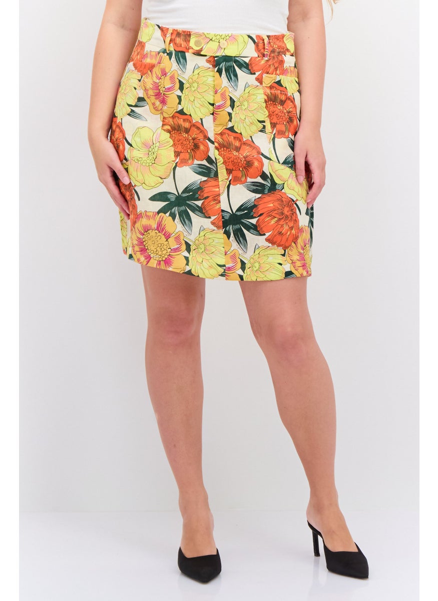 Women Floral Print Mini Skirt, Orange Combo